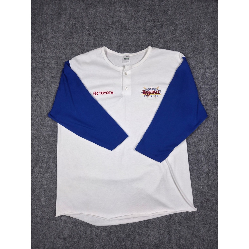 Vintage 90s MLB on CBS Baseball Henley Jersey Toyota Promo White Mens XL